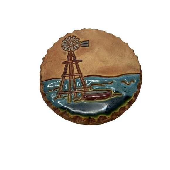 Nan Groves Pottery Bread Warmer Art Disk Round Windmill Wall Hanging Terracotta - Picture 6 of 11